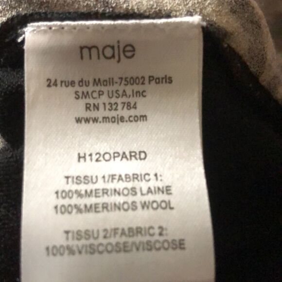 Maje top Size 2 100% Merino Wool Mixed Media animal print w solid back pullover - Picture 5 of 6